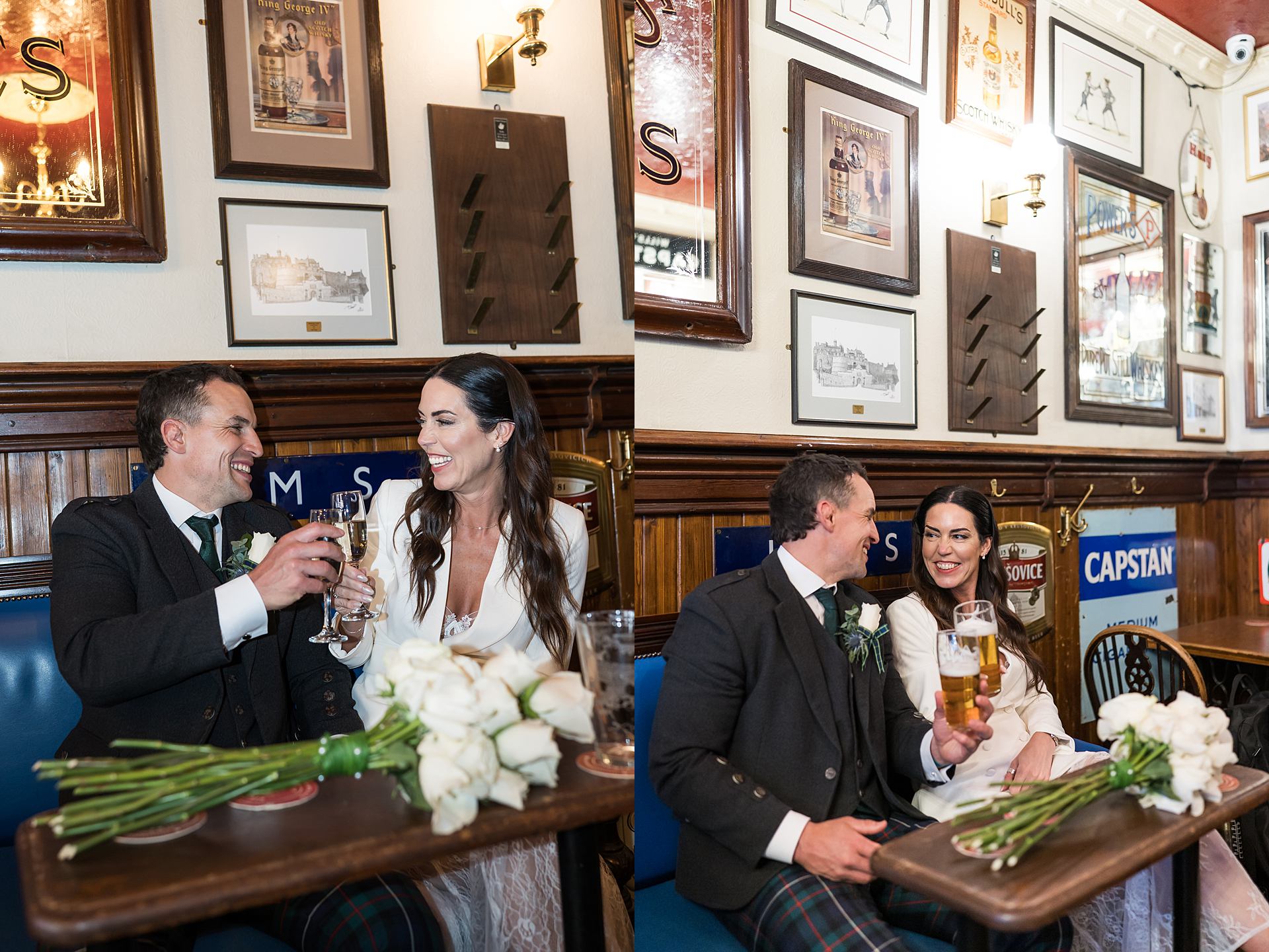 wedding couple drinking a pint