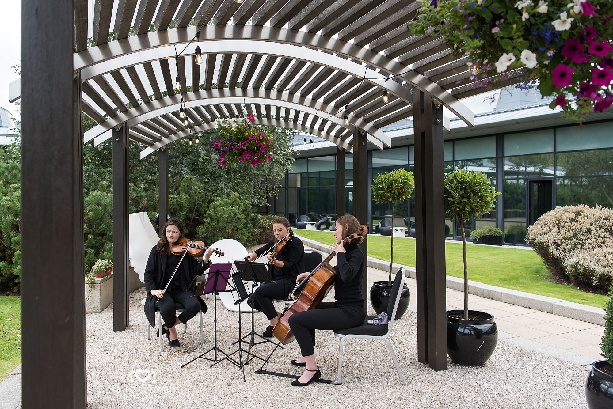 string quartet entertain guests as they wait for the wedding ceremony to start